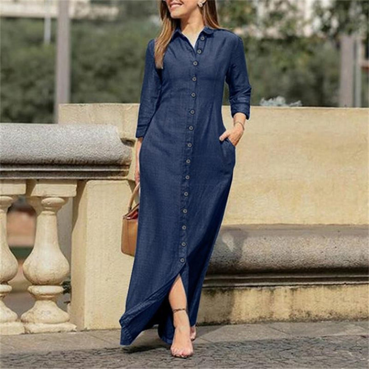 Damen Maxikleid Hemdblusenkleid mit durchgehender Knopfleiste, dreiviertelärmel und Seitentaschen – Avérine