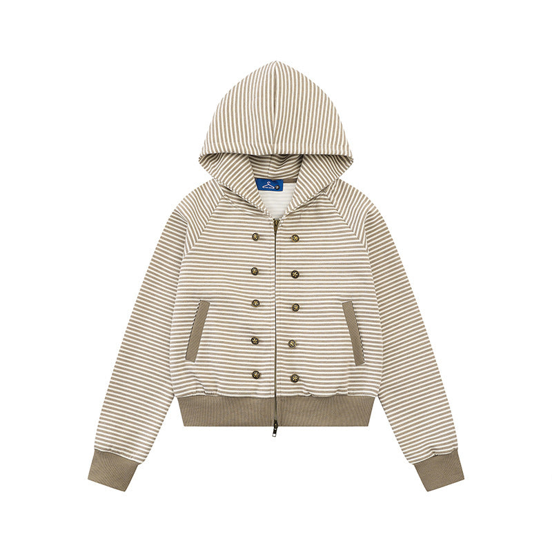 Damen gestreifte Kapuzen-Sweatjacke im Marine‑Look mit Doppelreiher‑Optik und Frontreißverschluss Echoarchiv