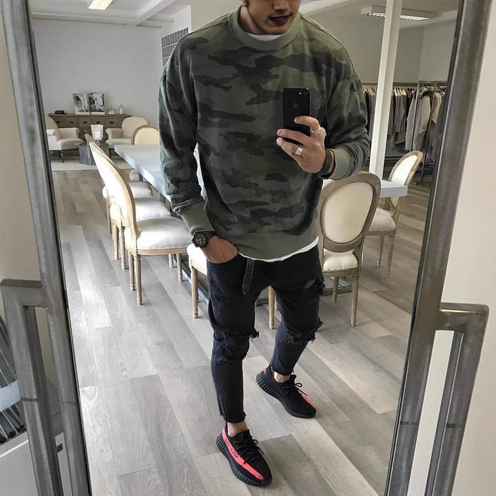 Herren Oversized Camouflage-Sweatshirt mit Rundhalsausschnitt und Rippbündchen Echoarchiv