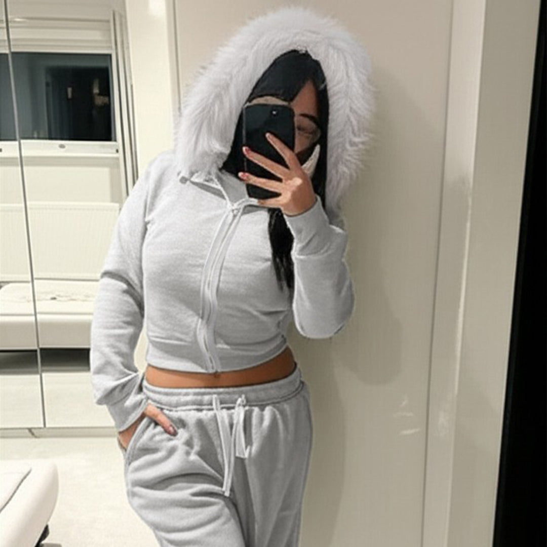 Damen Kurze Kapuzenjacke mit Reißverschluss, tailliertem Cropped-Schnitt und Kunstfellkragen – Célinea