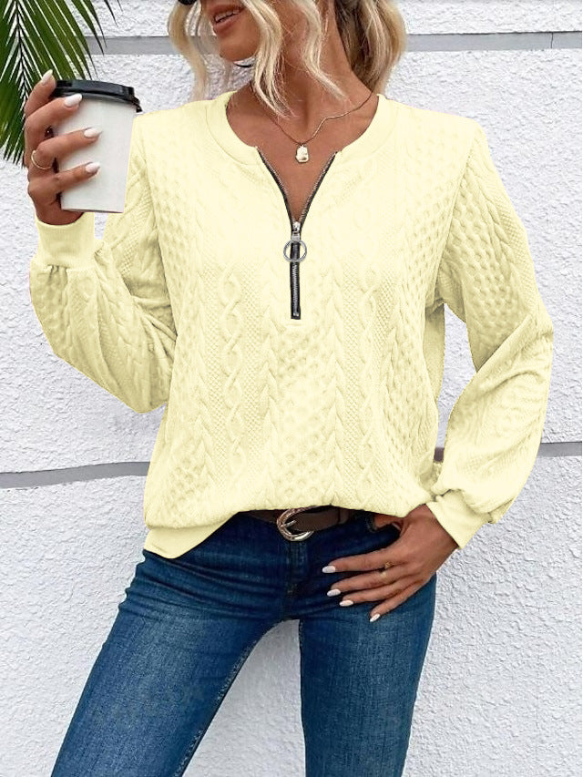 Damen grob strukturiertes Strickpullover mit Kabelmuster, halber Reißverschluss und Ballonärmel Echoarchiv