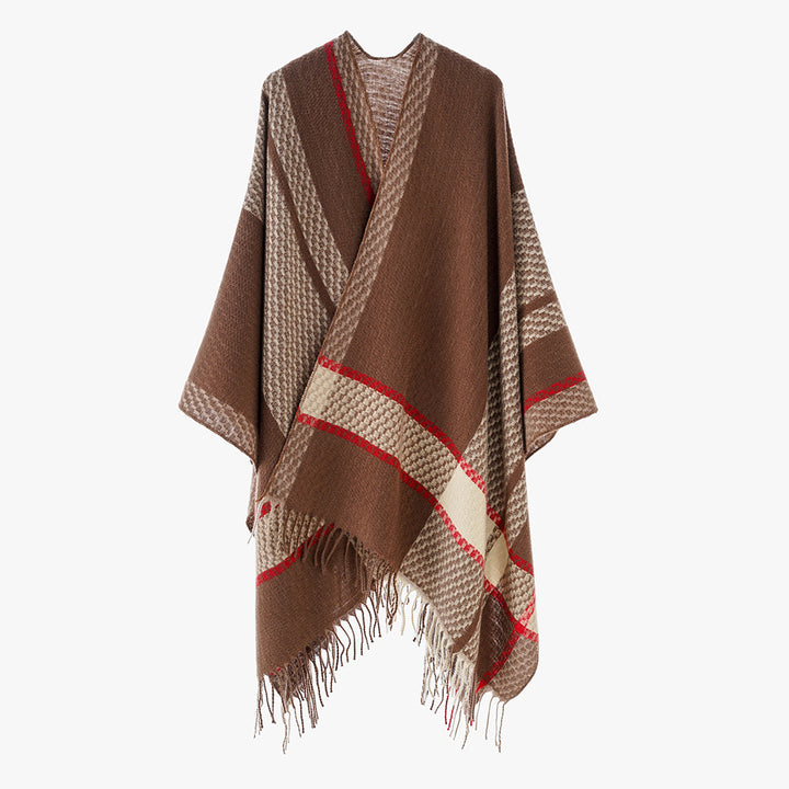 Damen Oversize Capeponcho aus Wollmix mit Karomuster und Fransensaum – Avérine