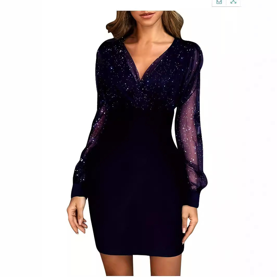 Damen Glitzerndes Cocktailkleid mit transparenten Ärmeln – Élara