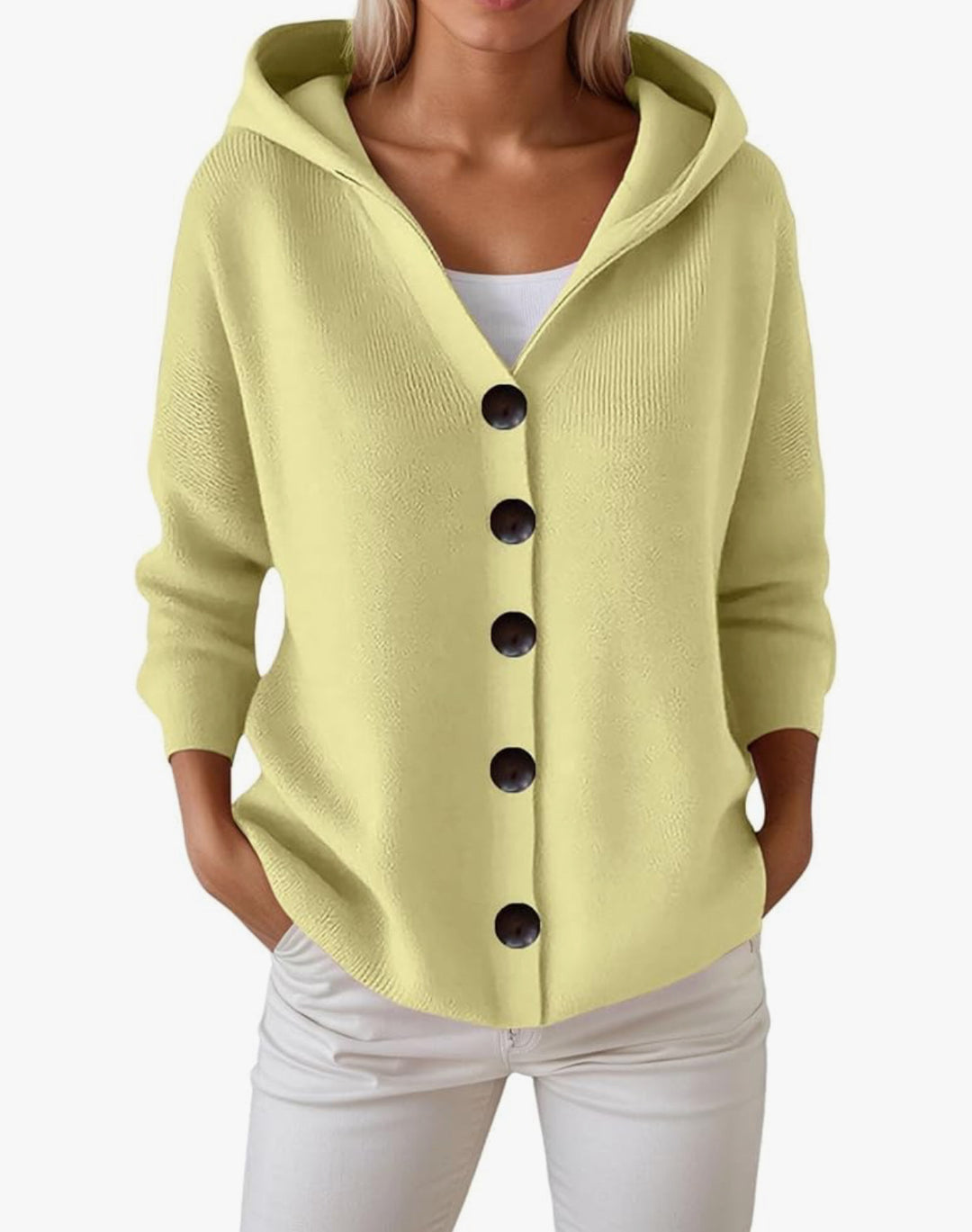 Damen Kapuzen-Strickjacke mit großen Holzknöpfen und seitlichen Eingrifftaschen – Veloura