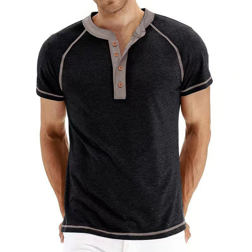 Herren modisches Henley-T-Shirt mit eleganter Knopfleiste und kontrastierenden Nähten Echoarchiv