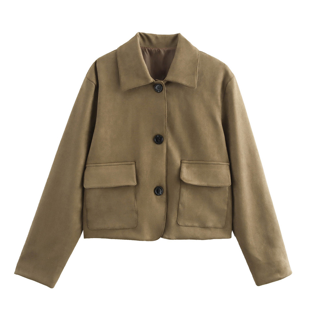 Damen cropped Kurzjacke aus Veloursimitat mit Pattentaschen und Hemdkragen – Célinea
