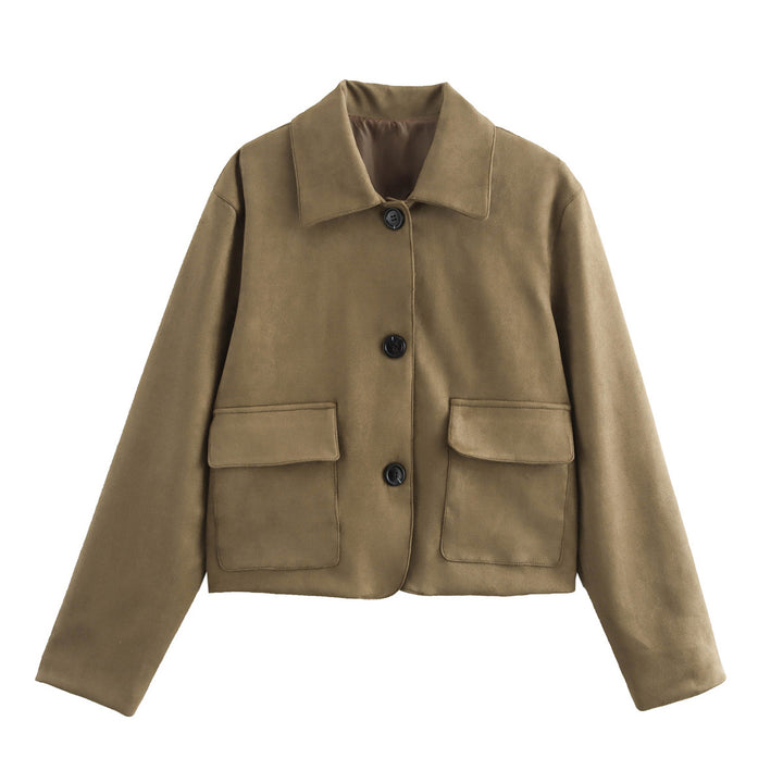 Damen cropped Kurzjacke aus Veloursimitat mit Pattentaschen und Hemdkragen – Célinea