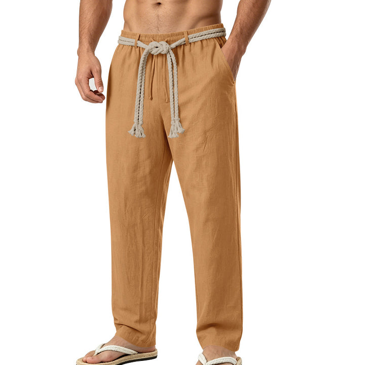 Herren lässige Leinen-Loungehose mit elastischem Bund, dekorativem Seilgürtel und Seitentaschen Echoarchiv
