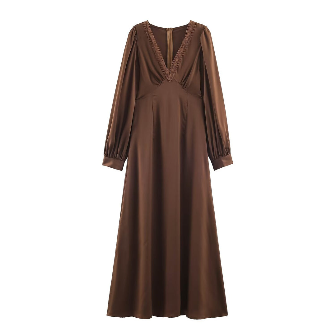 Damen Elegantes Satin-Maxikleid mit V-Ausschnitt und Spitzenbesatz Echoarchiv