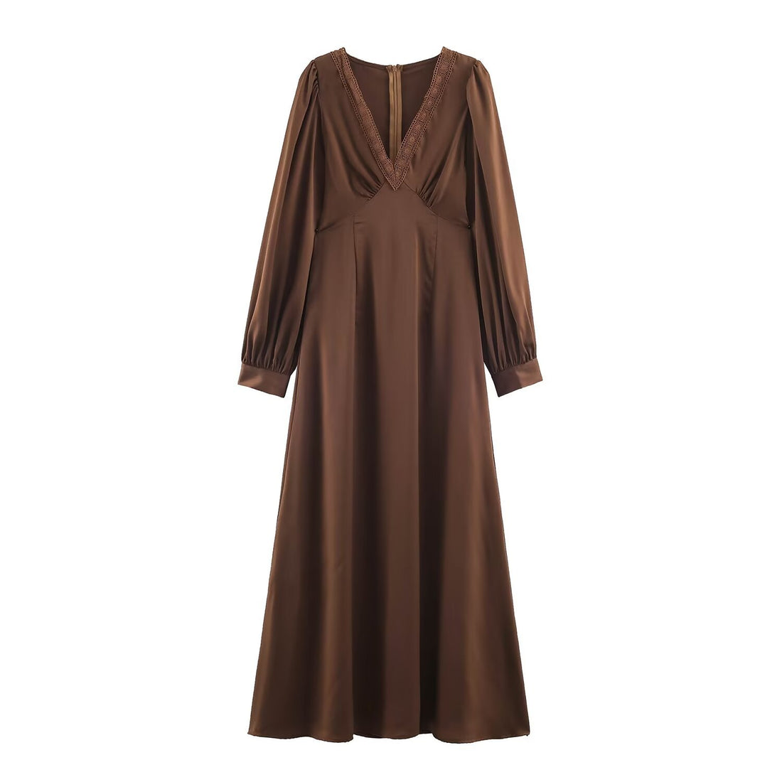 Damen Elegantes Satin-Maxikleid mit V-Ausschnitt und Spitzenbesatz Echoarchiv