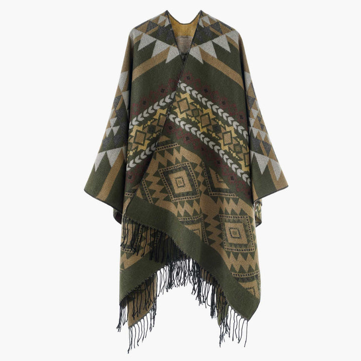 Damen Oversize Jacquard‑Cape im Ethno‑Jacquard mit Fransen – Avérine