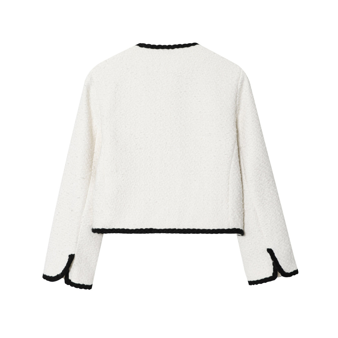Damen kurz geschnittene Bouclé-Jacke mit geflochtenem Rand und goldenen Zierknöpfen – Célinea