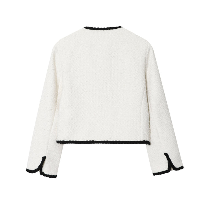 Damen kurz geschnittene Bouclé-Jacke mit geflochtenem Rand und goldenen Zierknöpfen – Célinea