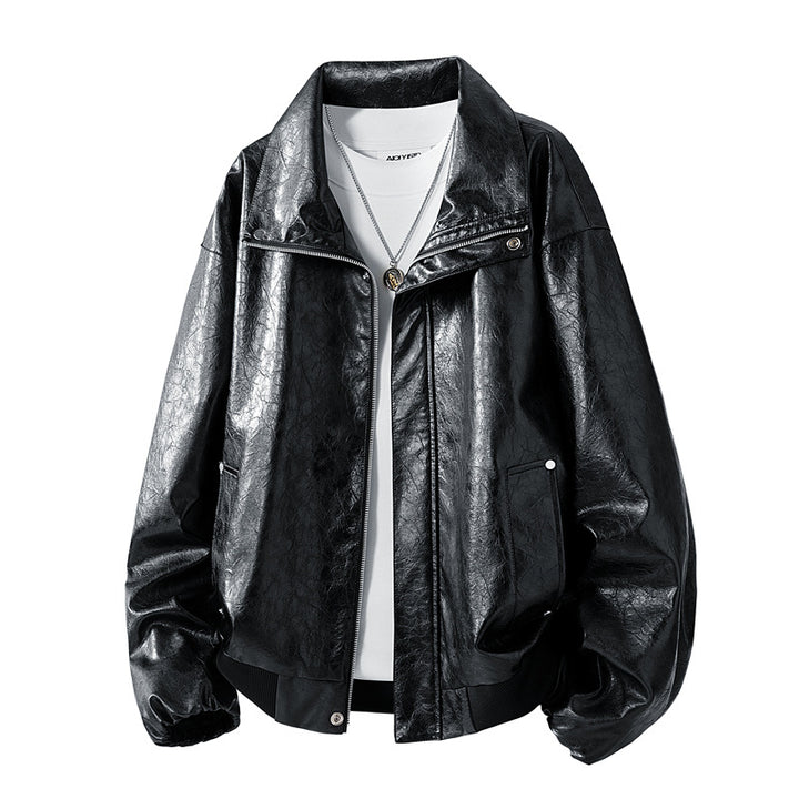 Herren Oversize Kunstleder‑Fliegerjacke mit breitem Umlegekragen, Zwei‑Wege‑Reißverschluss & gerippten Abschlüssen Echoarchiv