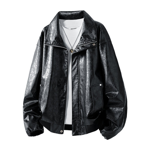 Herren Oversize Kunstleder‑Fliegerjacke mit breitem Umlegekragen, Zwei‑Wege‑Reißverschluss & gerippten Abschlüssen Echoarchiv