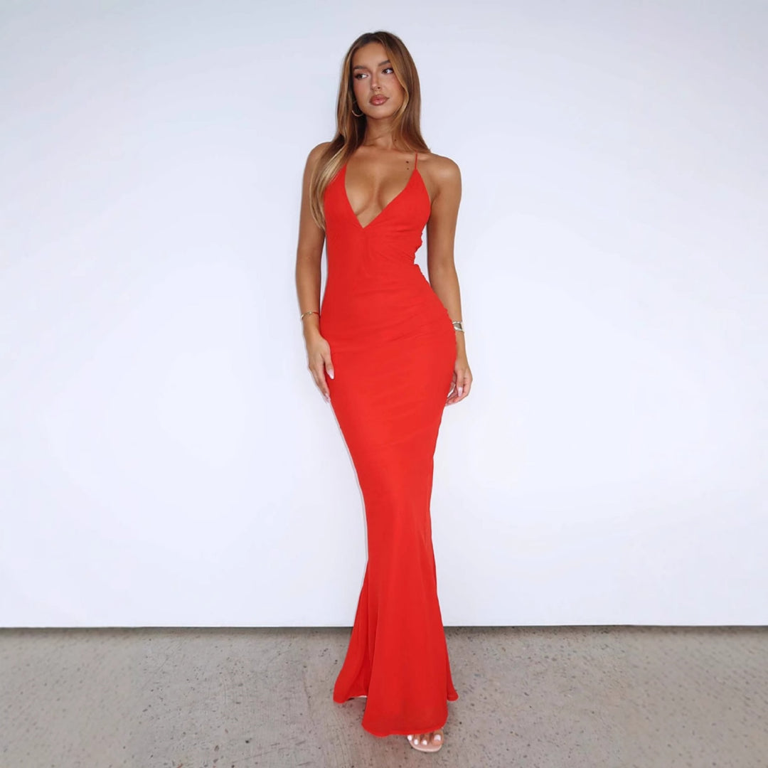 Damen Elegantes Maxikleid mit tiefem V-Ausschnitt und Spaghettiträgern Echo Archiv