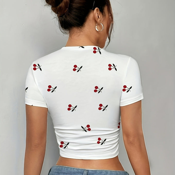 Damen Crop-T-Shirt mit frischem Kirschmotiv und figurbetontem Schnitt Echo Archiv
