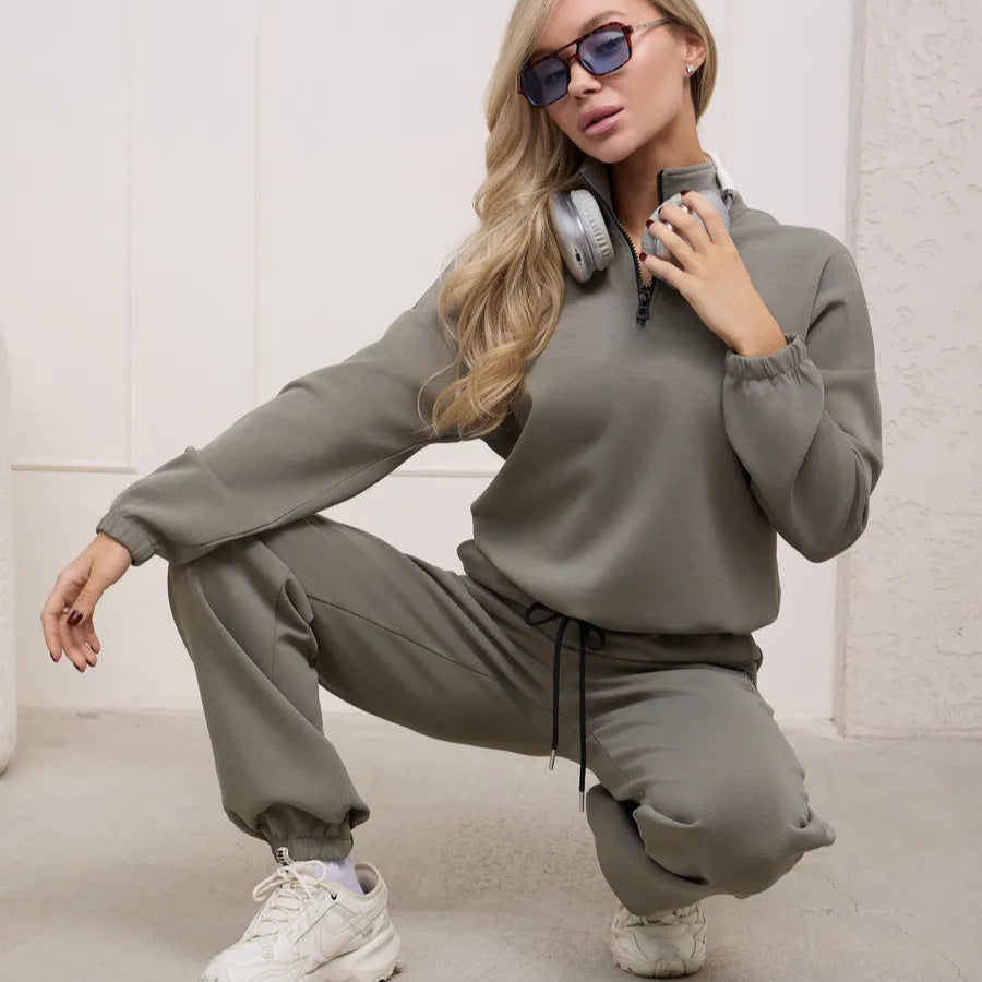 Damen weiches Lounge-Set mit halbem Reißverschluss, Kordelzughose und elastischen Bündchen – Avérine