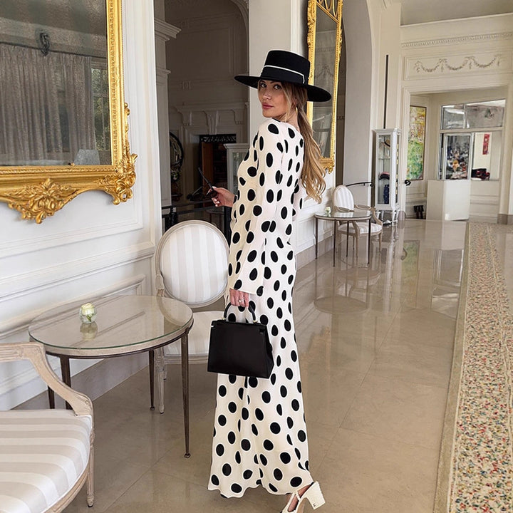 Damen Figurbetontes Polka-Dot Maxikleid mit Trompetenärmeln & Rundhalsausschnitt Echoarchiv