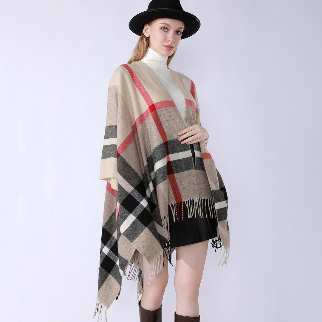 Damen Oversize-Poncho im Kaschmir‑Touch mit V‑Ausschnitt und Fransensaum Echo Archiv