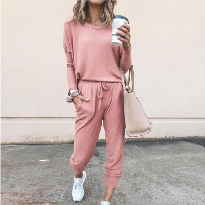 Damen Lässiges Lounge-Set mit Rundhalsausschnitt, Kordelzug-Hose und Bündchen – Élanora