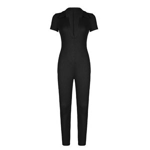 Damen figurbetonter Jumpsuit mit Kragen und Kurzarm Echo Archiv