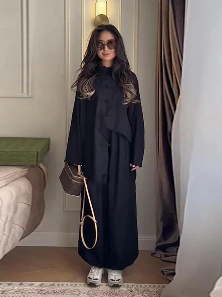 Damen Zweiteiliges Oversize Lounge‑Set mit Stehkragen und dekorativen Knotenverschlüssen Echoarchiv