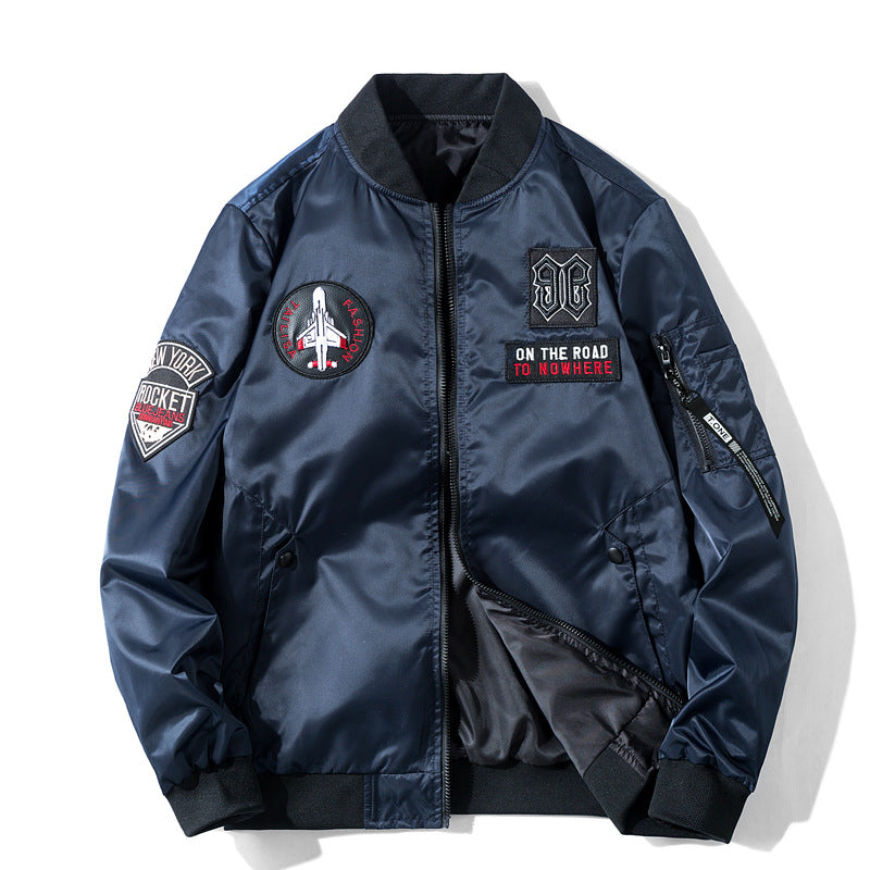 Men's pilot-style embroidered patch utility bomber jacket with angled welt pockets and zip sleeve pocket – Brevano