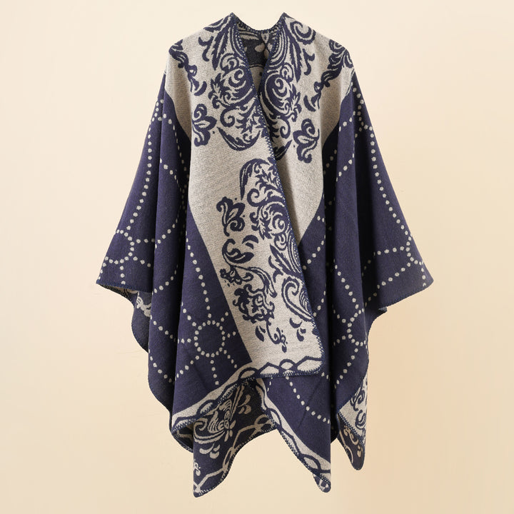 Damen Jacquard-Ruana im Umhangstil mit kontrastierender Kettelsaum Echo Archiv