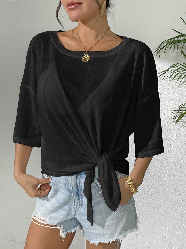 Damen lässiges Oberteil mit floralem Design und seitlichem Knoten Echo Archiv