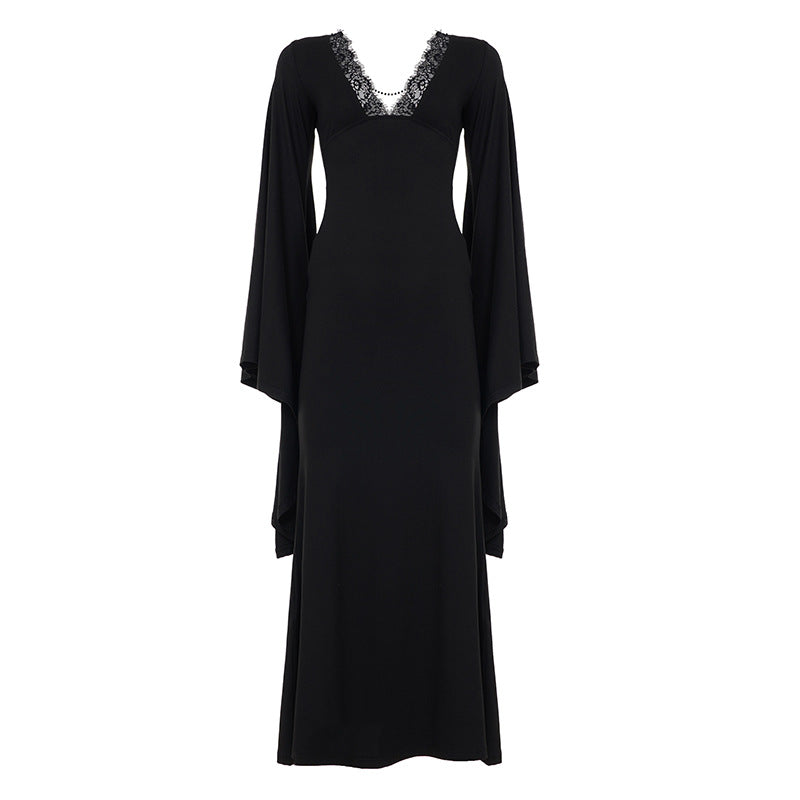 Damen Maxikleid mit tiefem V-Ausschnitt, Spitzenbesatz und dramatischen Wasserfallärmeln Echo Archiv