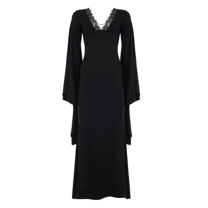 Damen Maxikleid mit tiefem V-Ausschnitt, Spitzenbesatz und dramatischen Wasserfallärmeln Echo Archiv