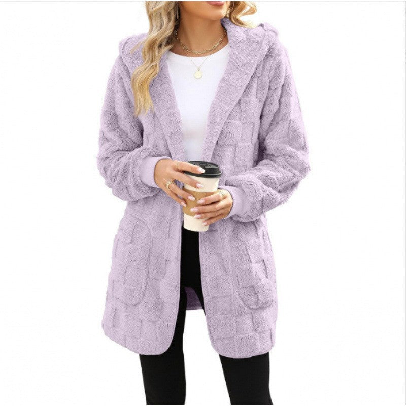 Damen nan kuschelige Kapuzen-Longjacke aus Teddyfleece mit aufgesetzten Taschen und strukturierter Karooptik Echo Archiv