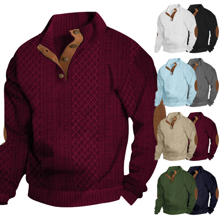 Herren Strickpullover mit innovativem Stehkragen und modernen Lederapplikationen Echoarchiv