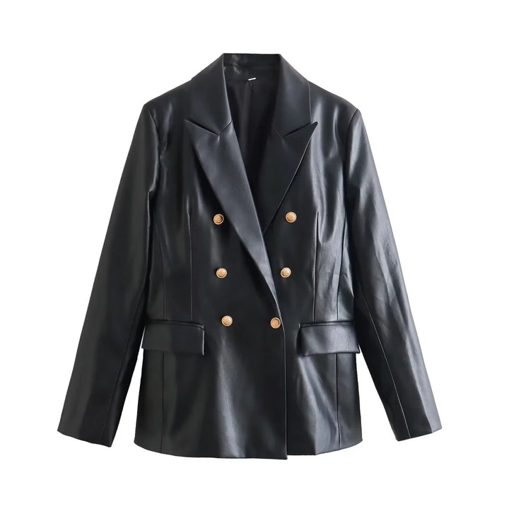 Damen taillierter Doppelreiher-Blazer aus veganem Lederimitat mit Schalkragen – Valéne