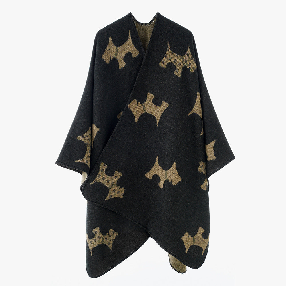 Damen Reversibler Wollmix-Umhang mit Terrier-Jacquardmuster – Avérine