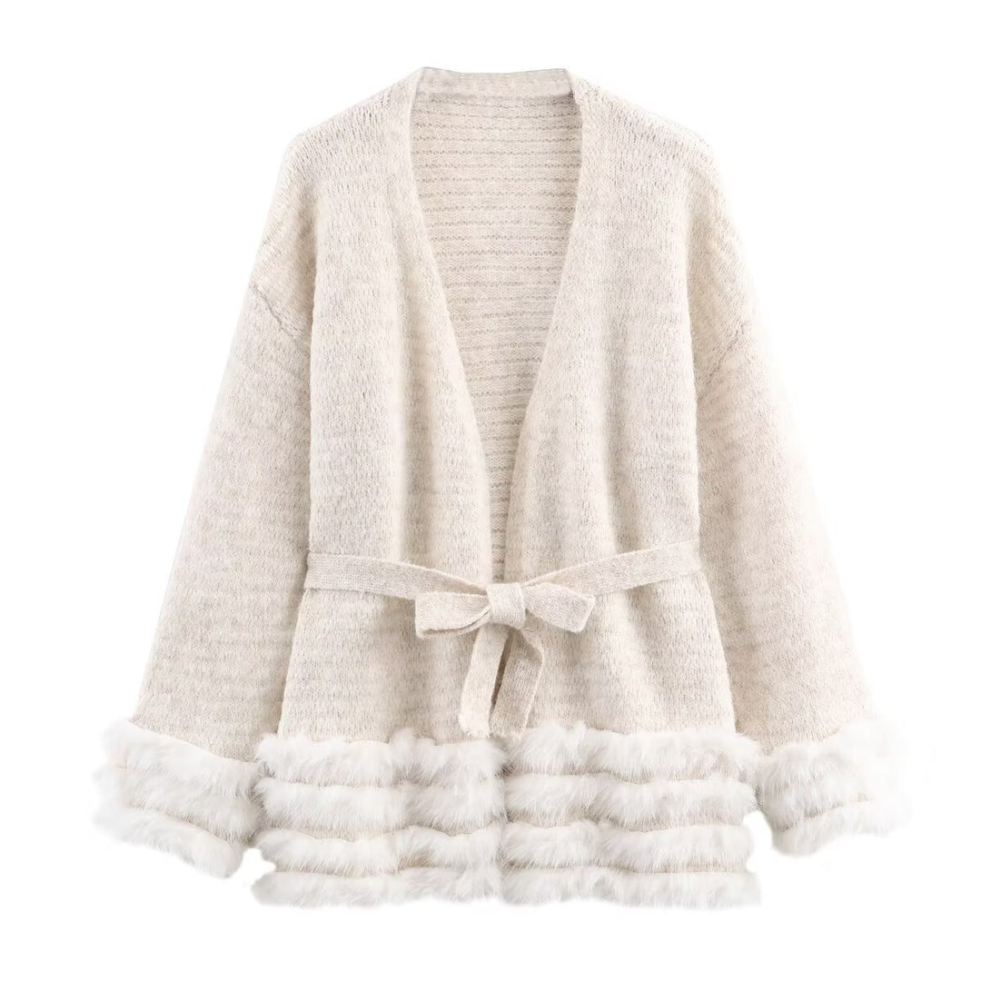 Damen Strick-Cardigan mit Bindegürtel und Faux-Fur-Besatz Echo Archiv