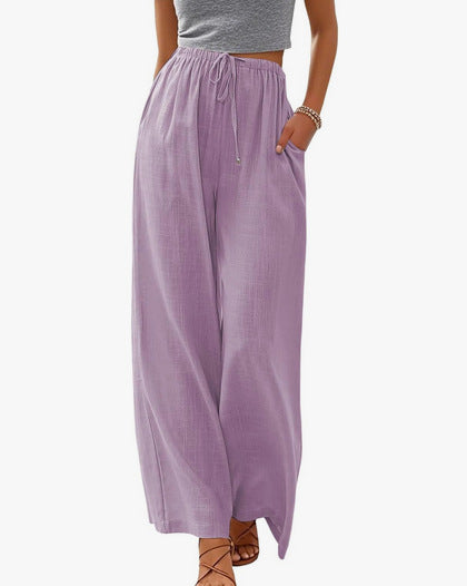 Damen nan weite Leinenhose mit elastischem Bund Kordel und Seitentaschen Echo Archiv