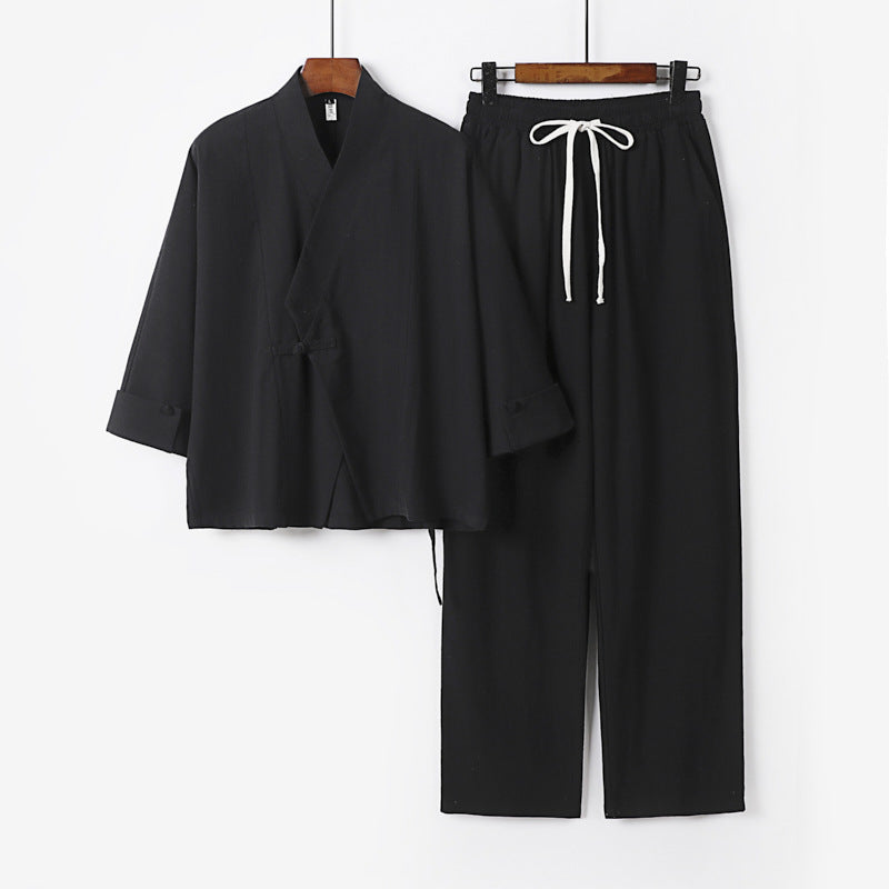 Unisex Leichtes Zen-Lounge-Set im Kimono-Stil mit überschnittener Schulter verdeckter Knotenleiste und elastischer Tunnelzughose Echoarchiv