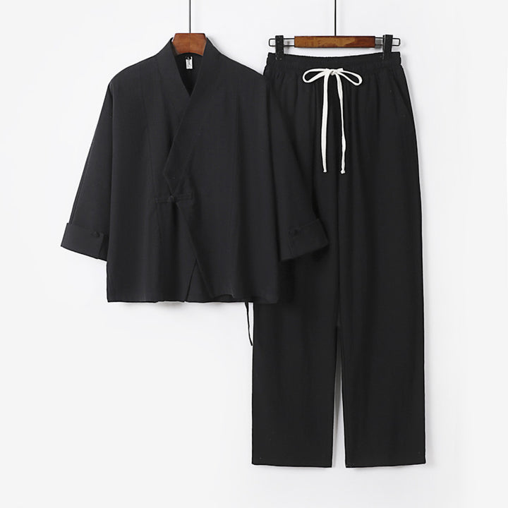 Unisex Leichtes Zen-Lounge-Set im Kimono-Stil mit überschnittener Schulter verdeckter Knotenleiste und elastischer Tunnelzughose Echoarchiv