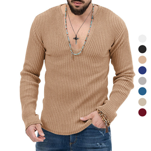 Herren Langarm-Rippenpullover mit tiefem V-Ausschnitt und modernem Schnitt Echoarchiv