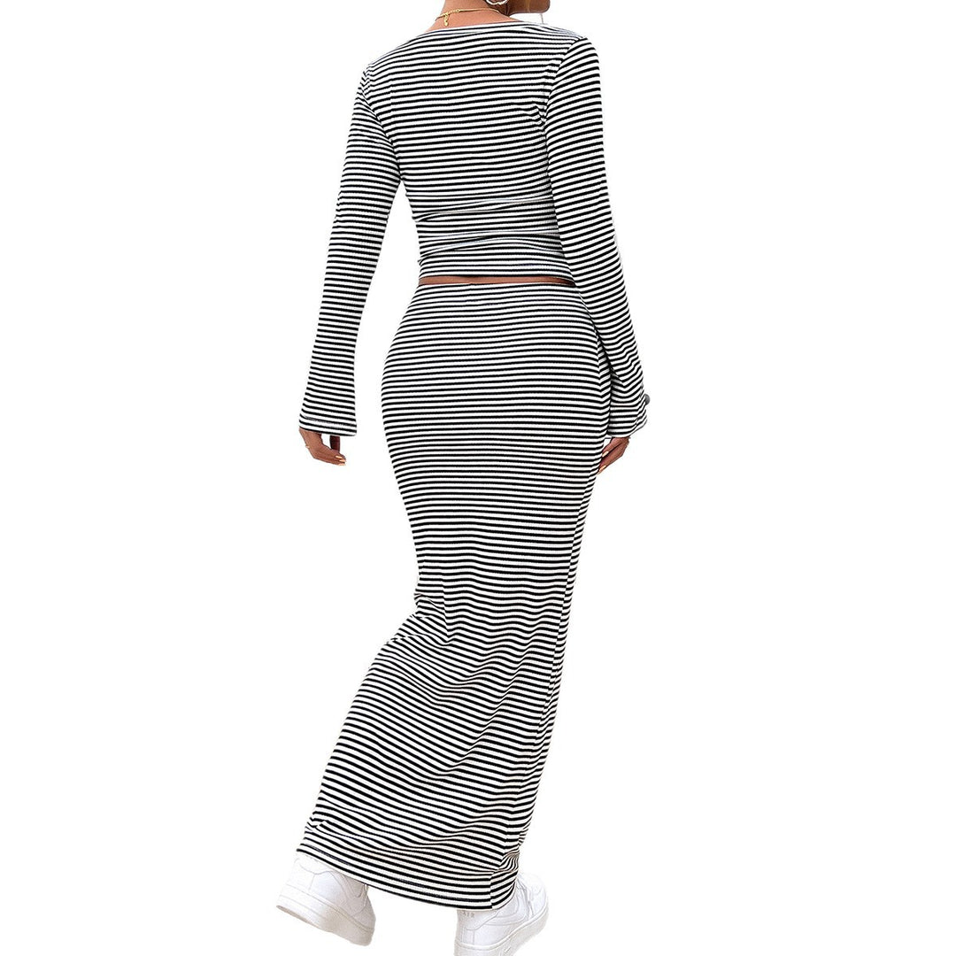Damen nan gestreiftes zweiteiliges Bodycon-Set mit Langarm-Crop-Top und tailliertem Maxirock Echo Archiv