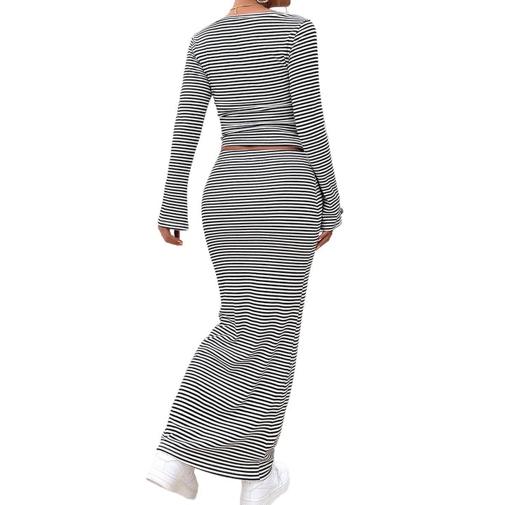 Damen nan gestreiftes zweiteiliges Bodycon-Set mit Langarm-Crop-Top und tailliertem Maxirock Echo Archiv