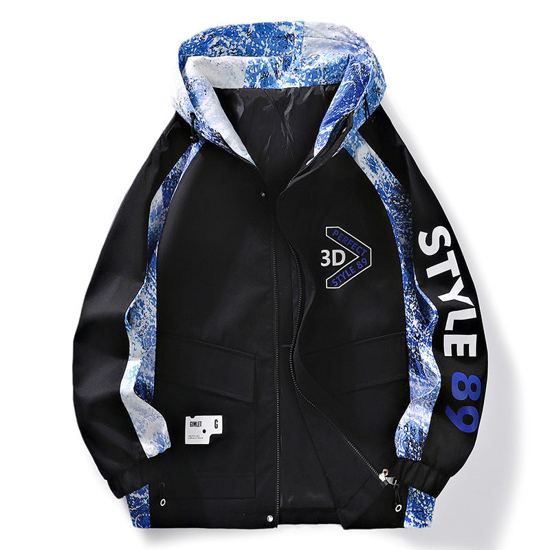 Herren Leichter Kapuzen-Windbreaker mit Camouflage-Akzenten & Grafikprint Echoarchiv