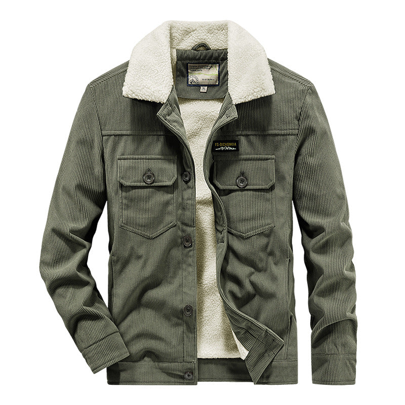 Herren Cord-Workerjacke im Truckerstil mit Druckknopfverschluss und Pattentaschen Echoarchiv