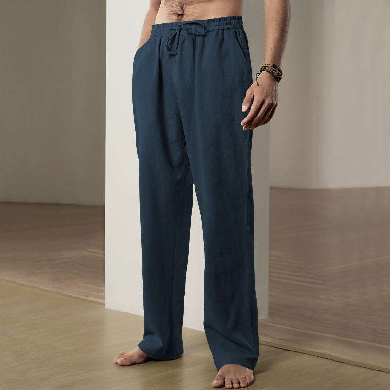 Herren nan weiche Leinen-Baumwoll Loungehose mit elastischem Tunnelzugbund, Seitentaschen und entspanntem geradem Bein Echo Archiv