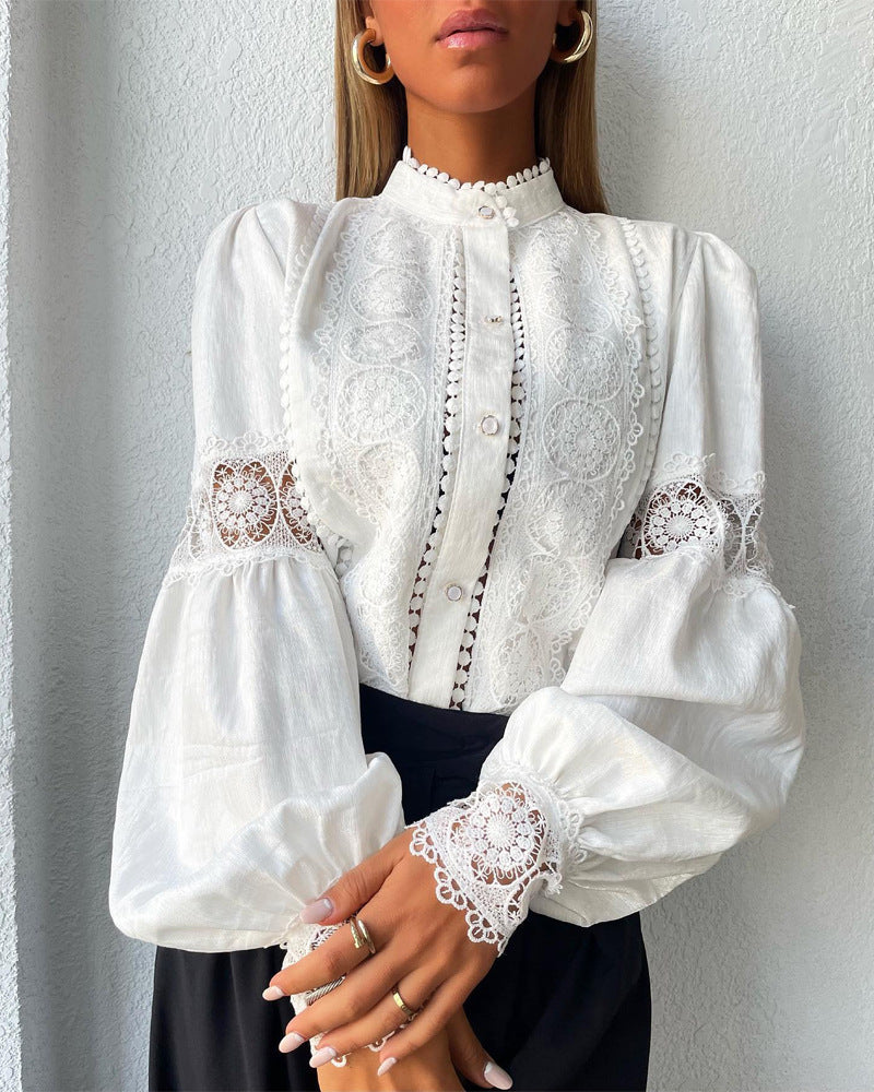 Damen Elegante Spitzenbluse im Vintage-Stil mit Stehkragen und Ballonärmeln Echo Archiv