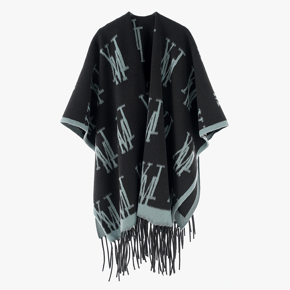 Damen Oversize-Monogramm-Capeponcho aus Wollmix mit Fransensaum – Célinea