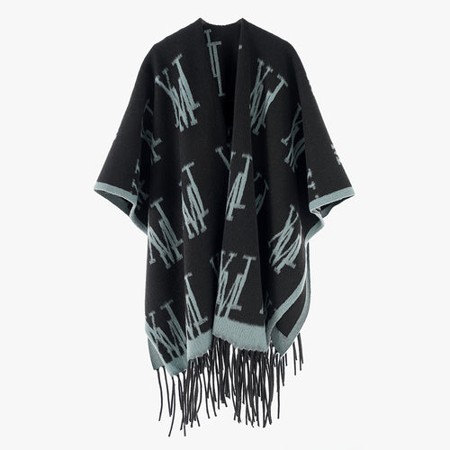 Damen Oversize-Monogramm-Capeponcho aus Wollmix mit Fransensaum – Célinea