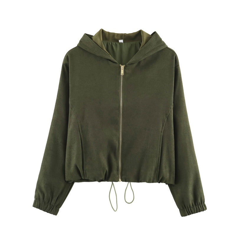 Damen Kurzjacke aus Velours‑Optik mit Kapuze, durchgehendem Reißverschluss und Tunnelzugsaum Echo Archiv